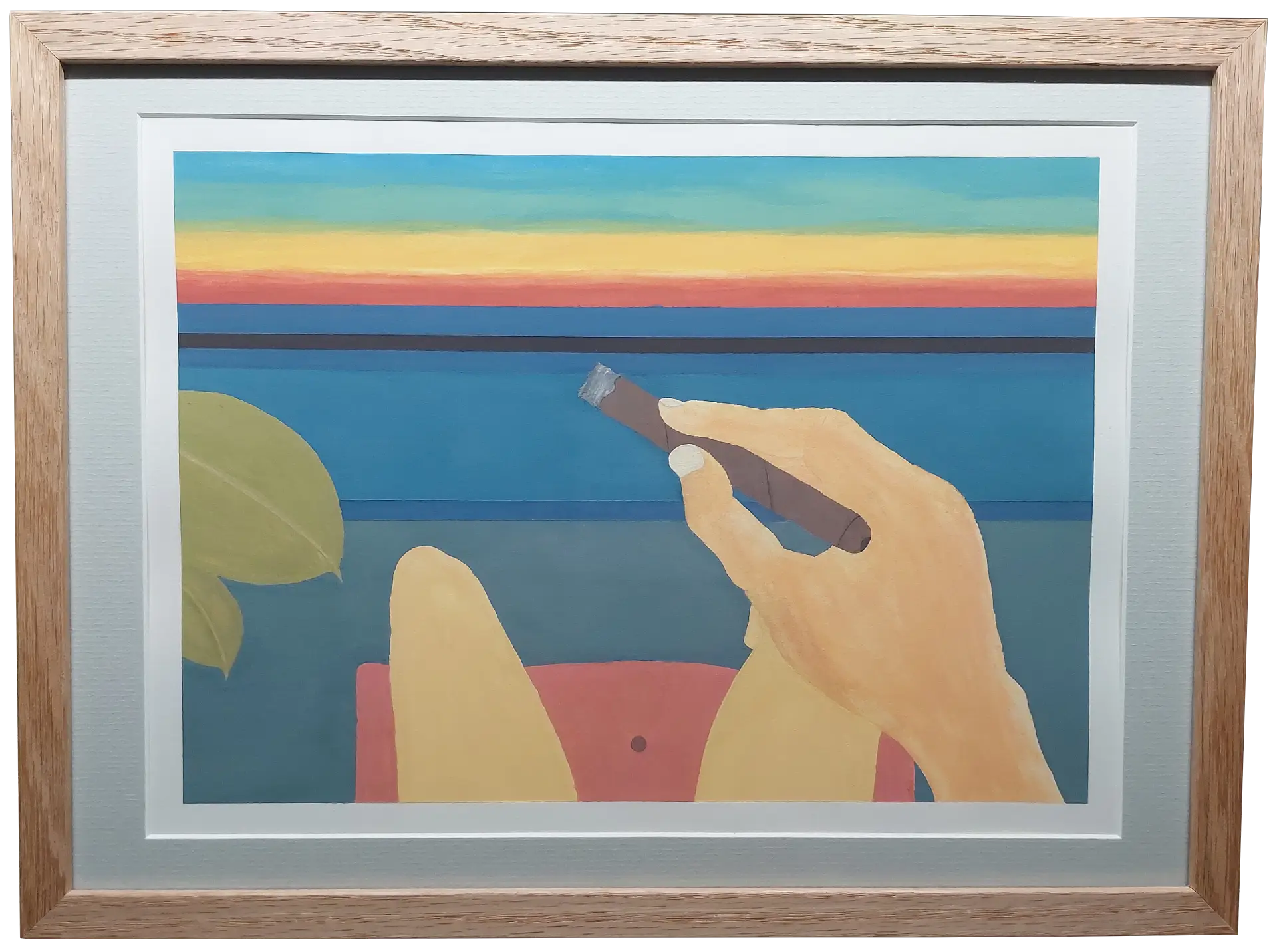 The final gouache painting, professionally framed in a raw oak frame with a grey passe-partout.