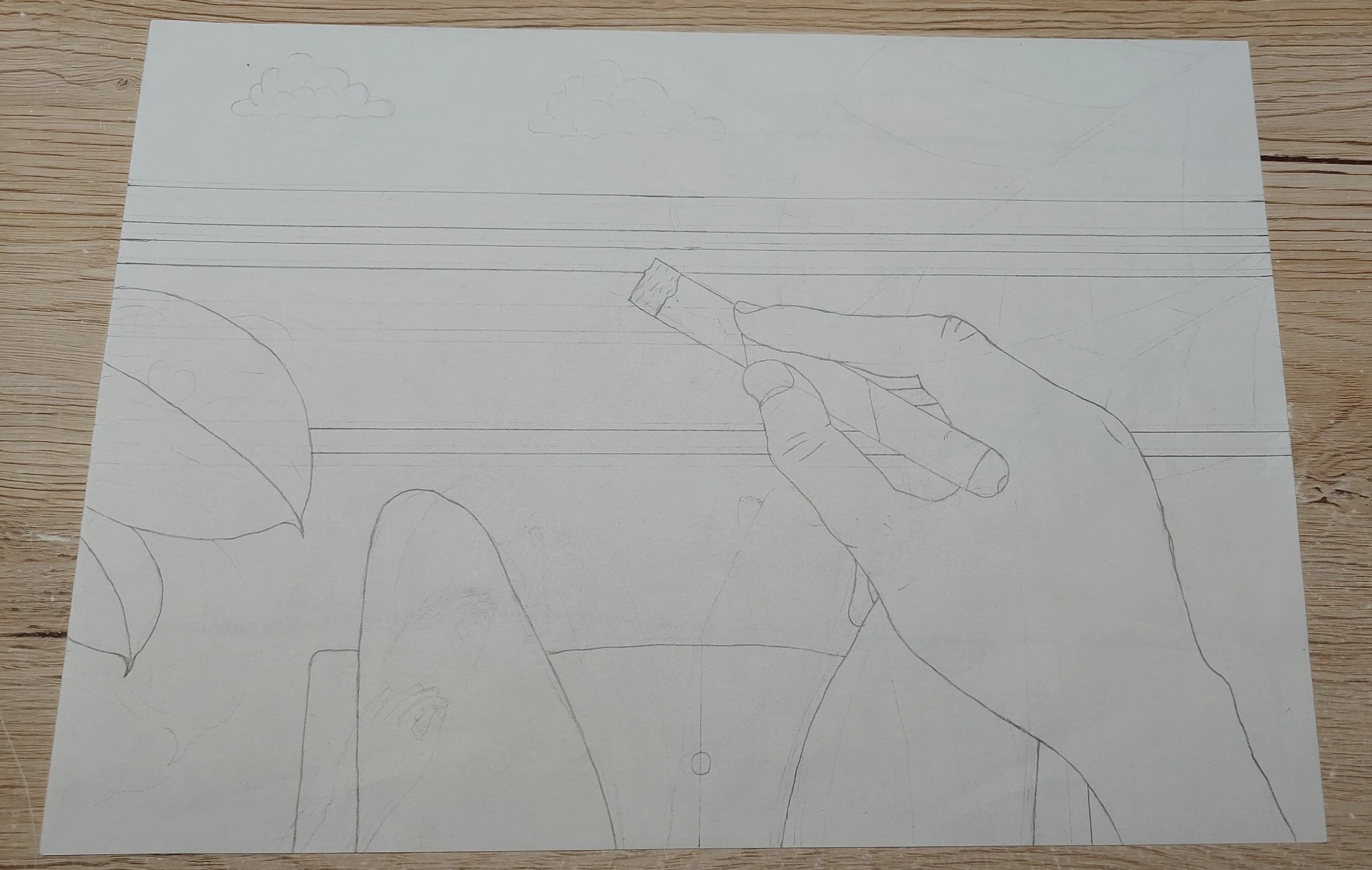 A completed pencil sketch ready for tracing, with visible traces of corrections and erased lines.