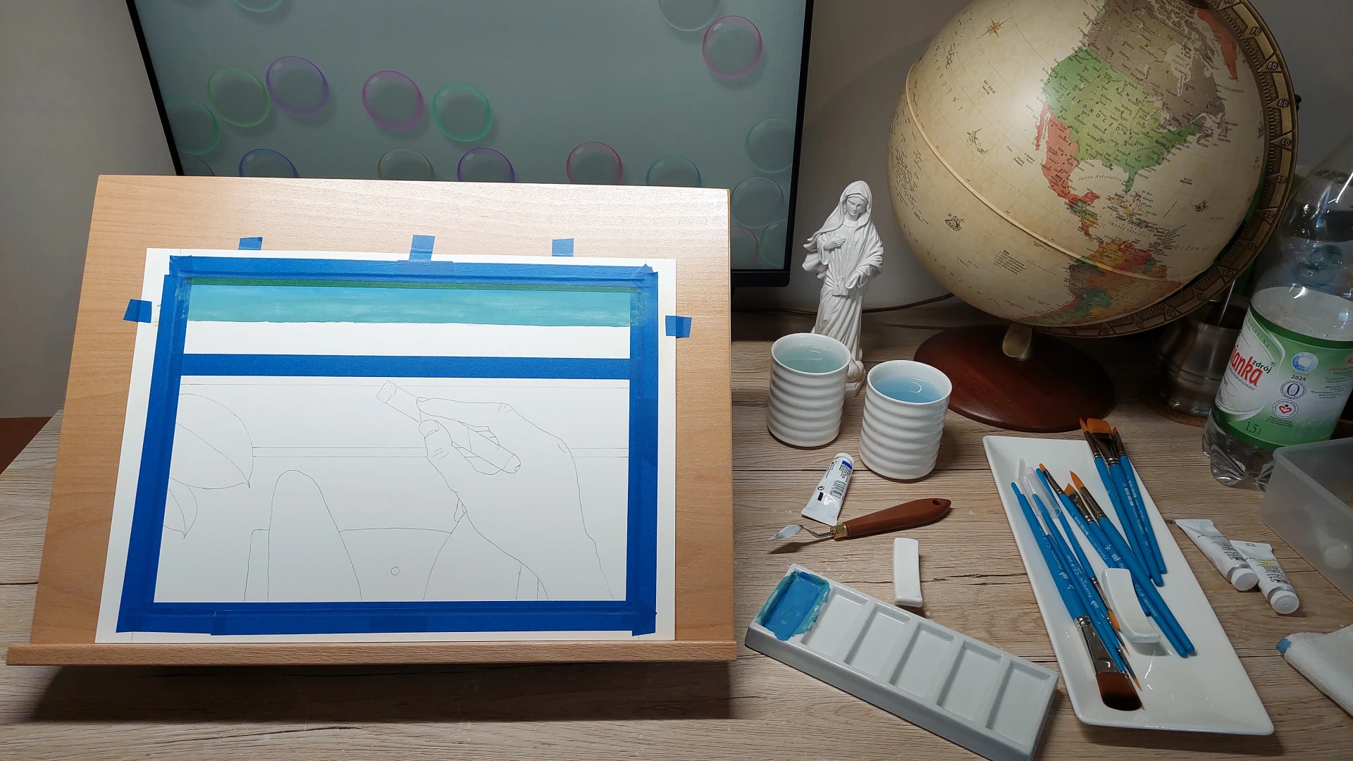 The beginning of the painting process, with the first layers of the sky gradient.