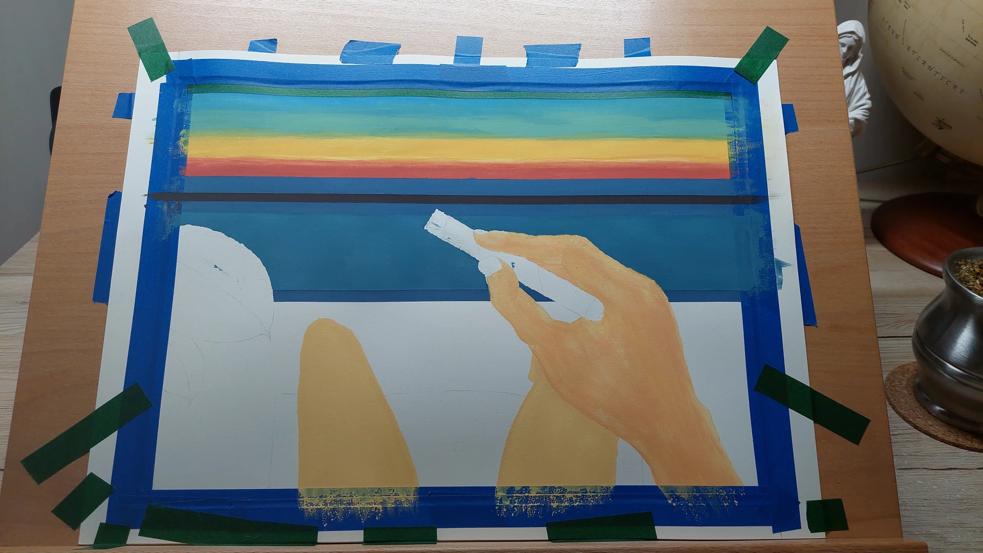The main background elements are complete: the sky, barrier, water, and the barrier's glass pane.