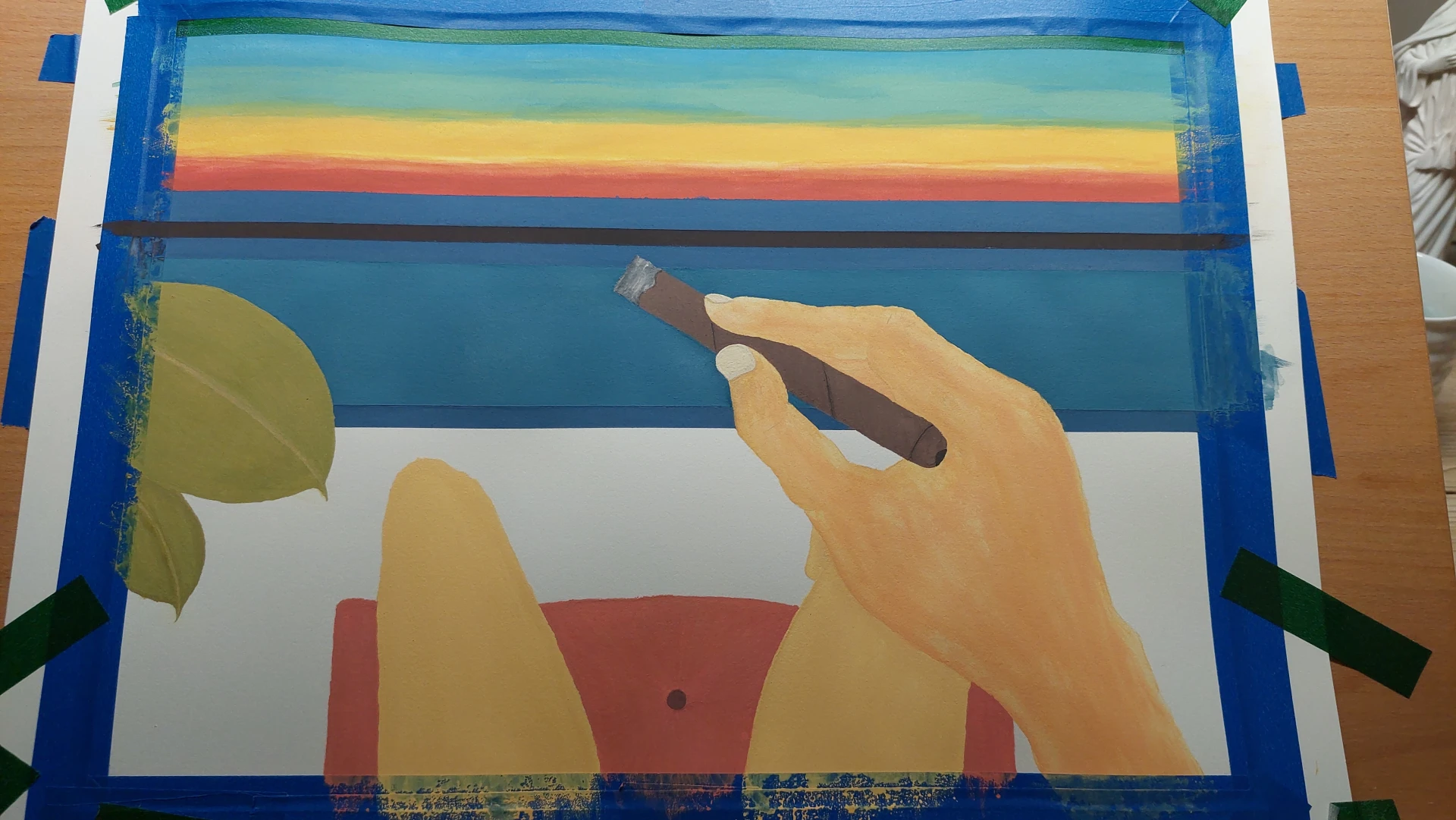 Further progress on the painting, with the cigar, leaves, and armchair now added.