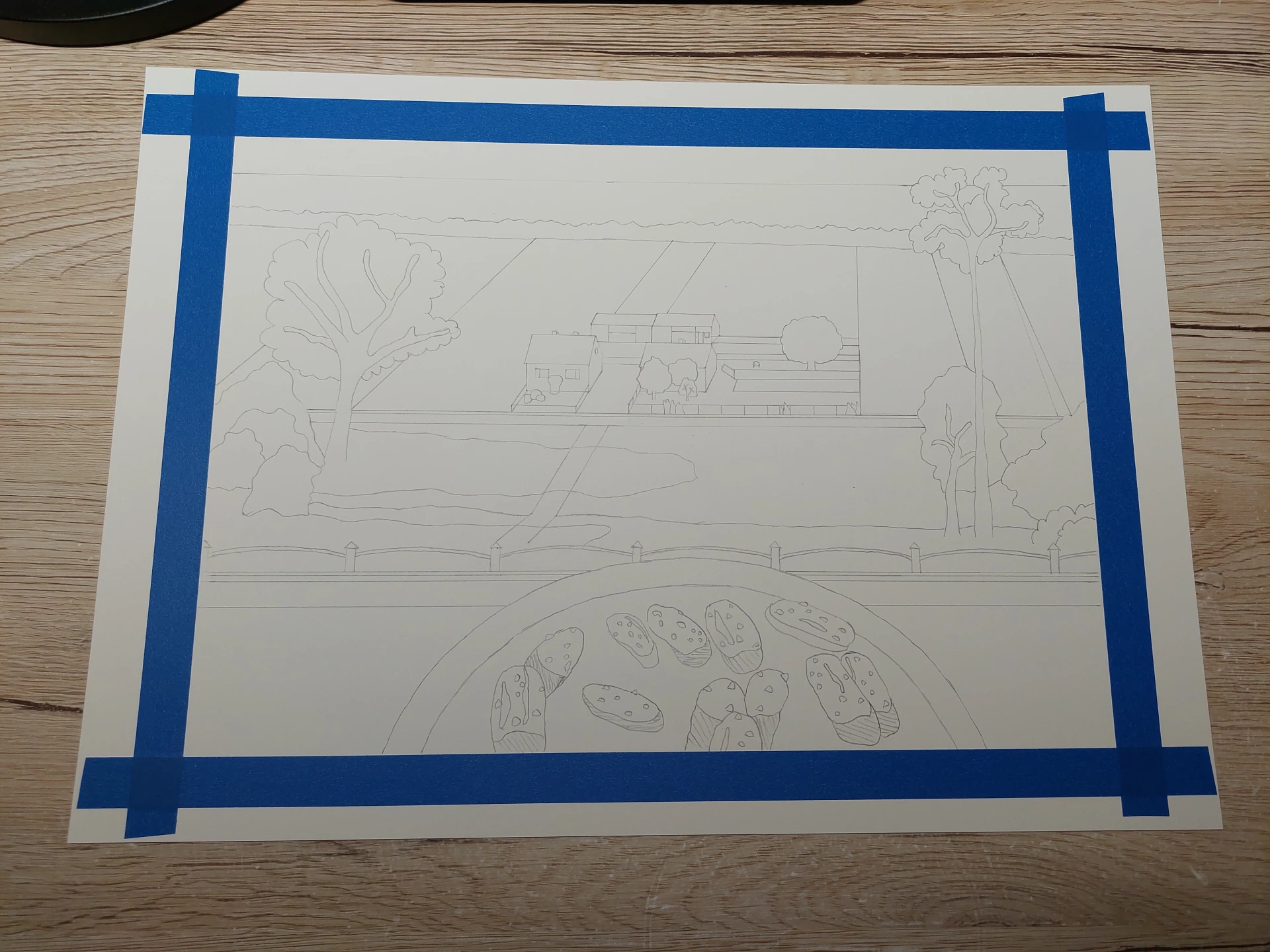 Arches paper with edges taped off to create a clean white border for the painting.