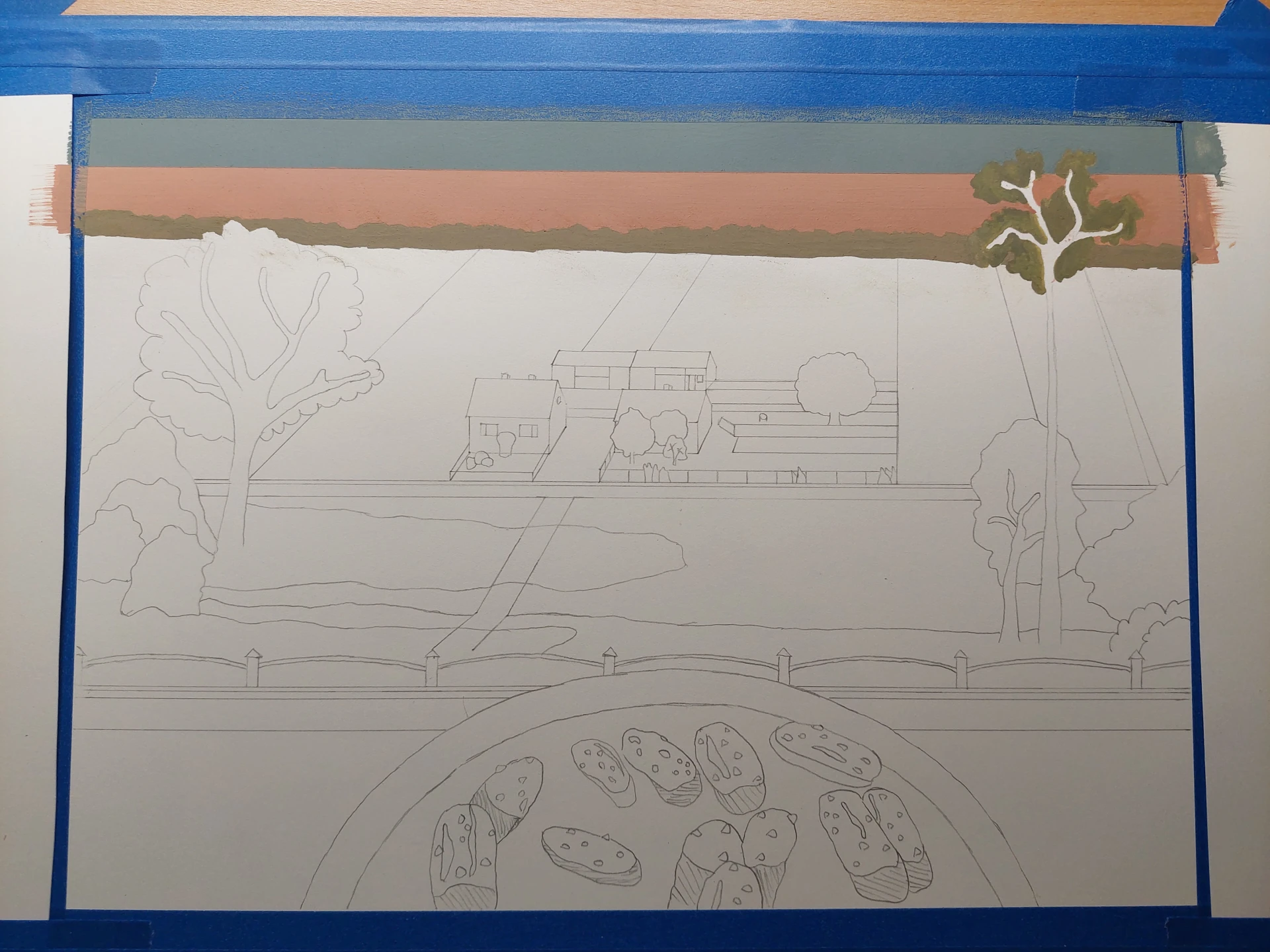 Painting of an alder tree top and a young forest stretching across the composition.