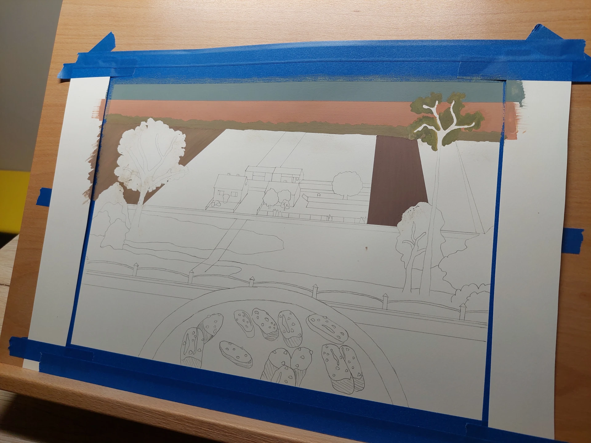 Addition of two more cultivated fields in varying green and earth tones.