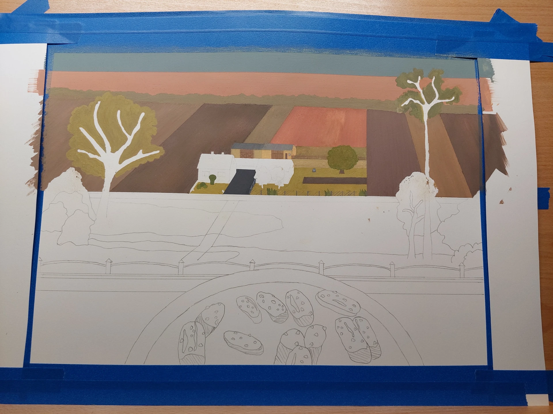 Farmstead details including barns, fences, a well, a walnut tree, and garden greenery.