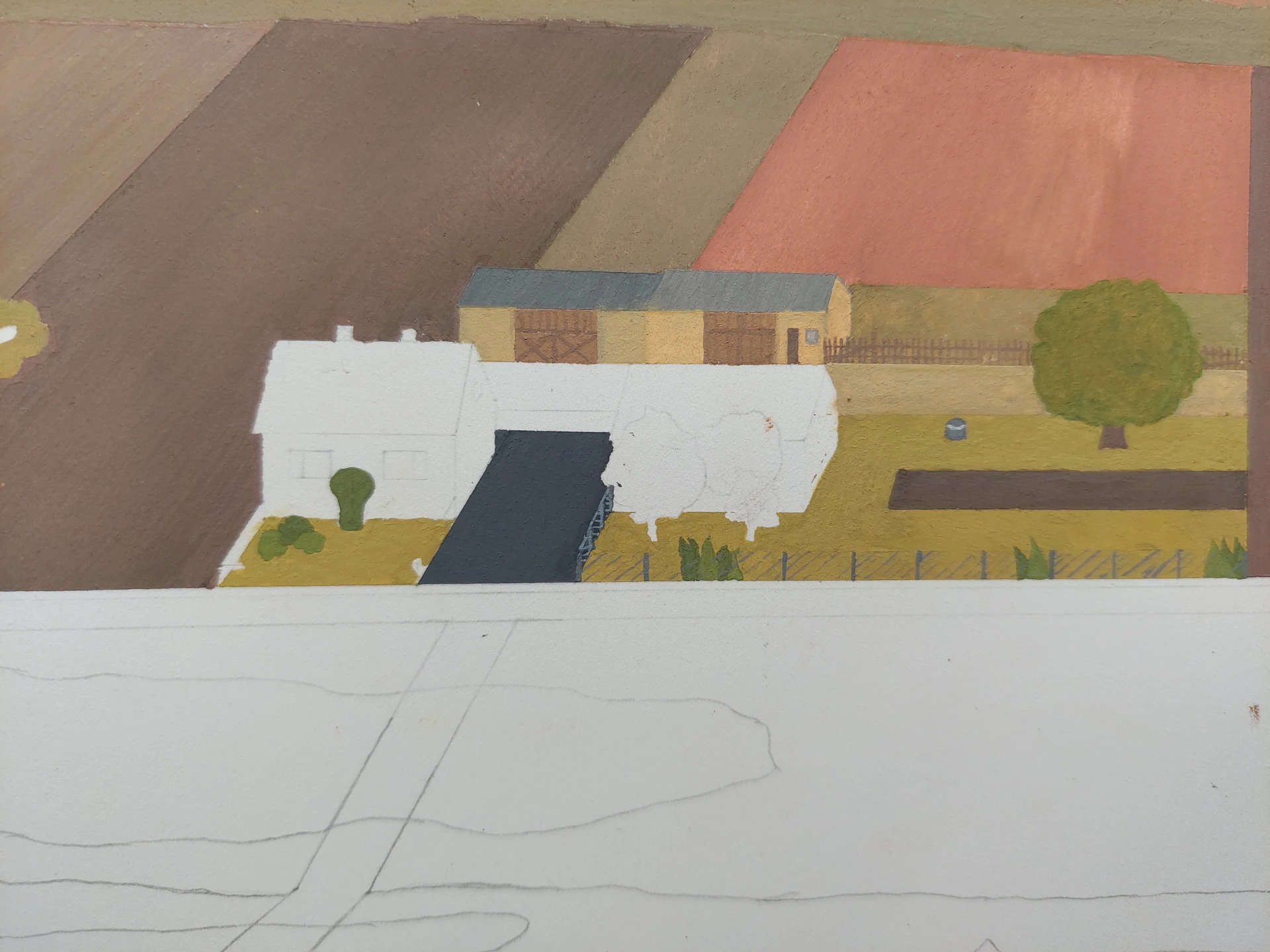 A close-up view of the painted houses and the large farmstead area.