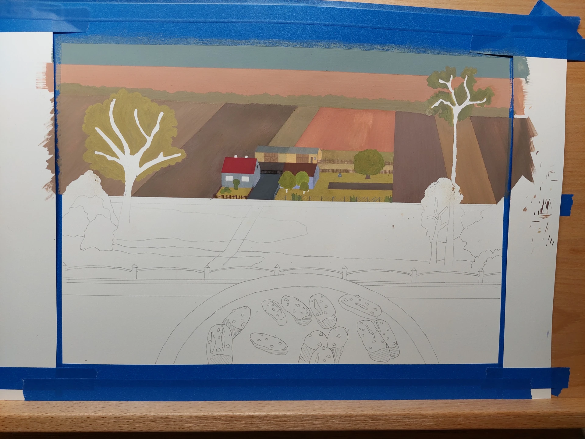 Detailed painting of building facades, roofs, and the crowns of fruit trees.