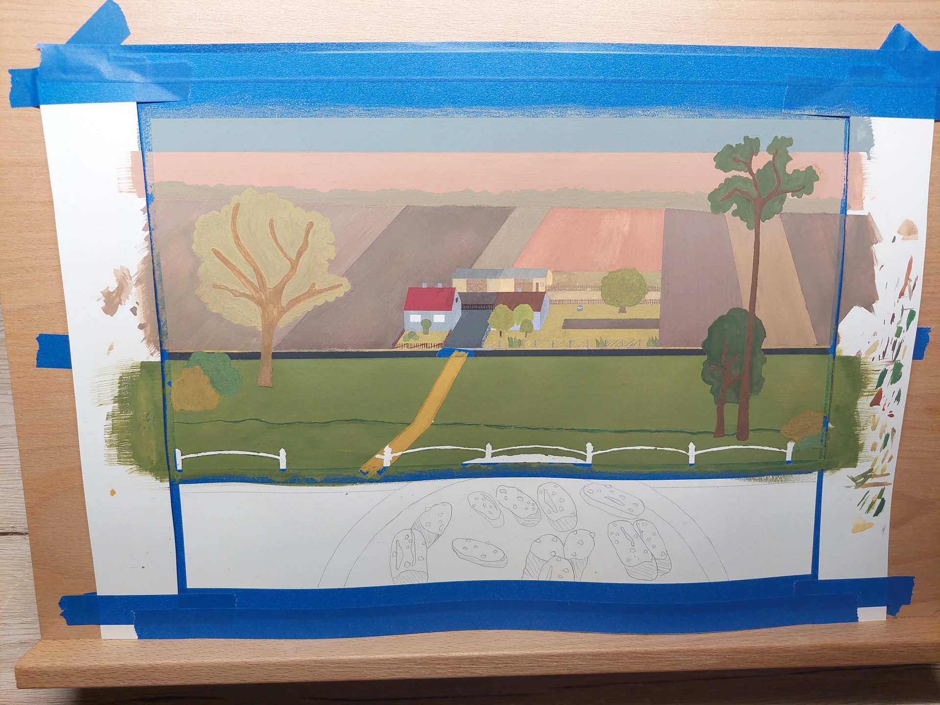 The road painted in a realistic color that was later changed to match the painting's palette.