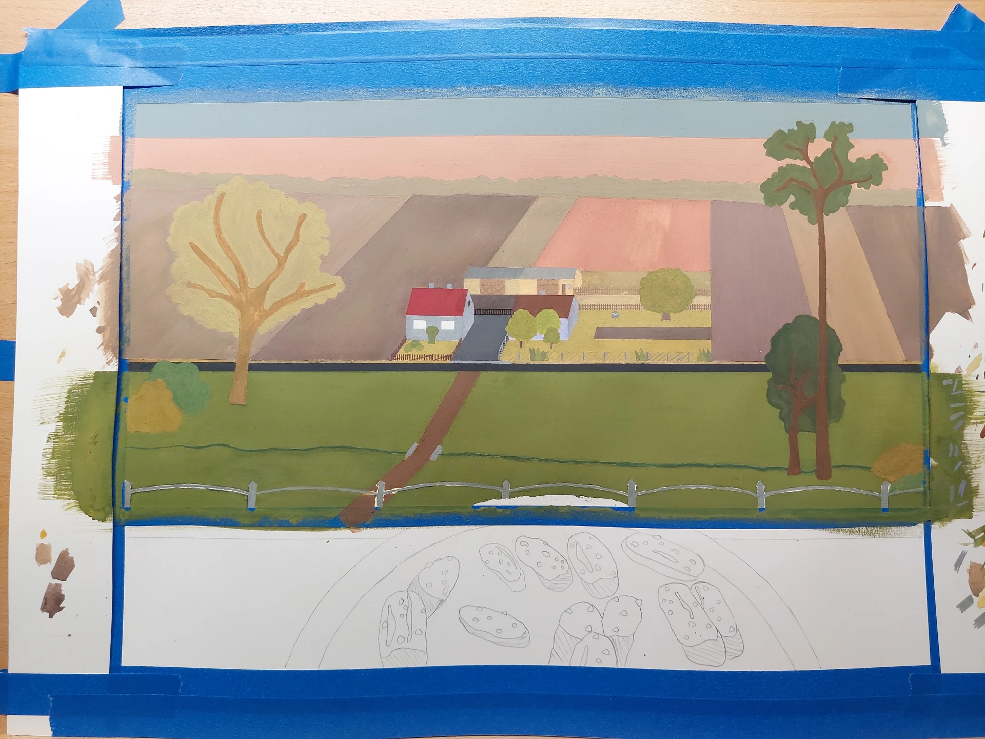 The road in its final color featuring a small bridge over a river in the center.