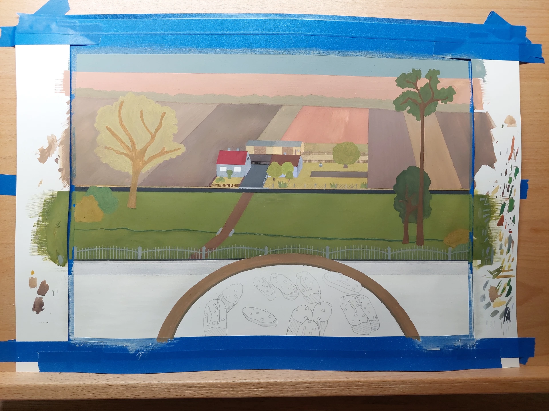 Foreground elements: a concrete fence, window frame, bowl, and countertop.