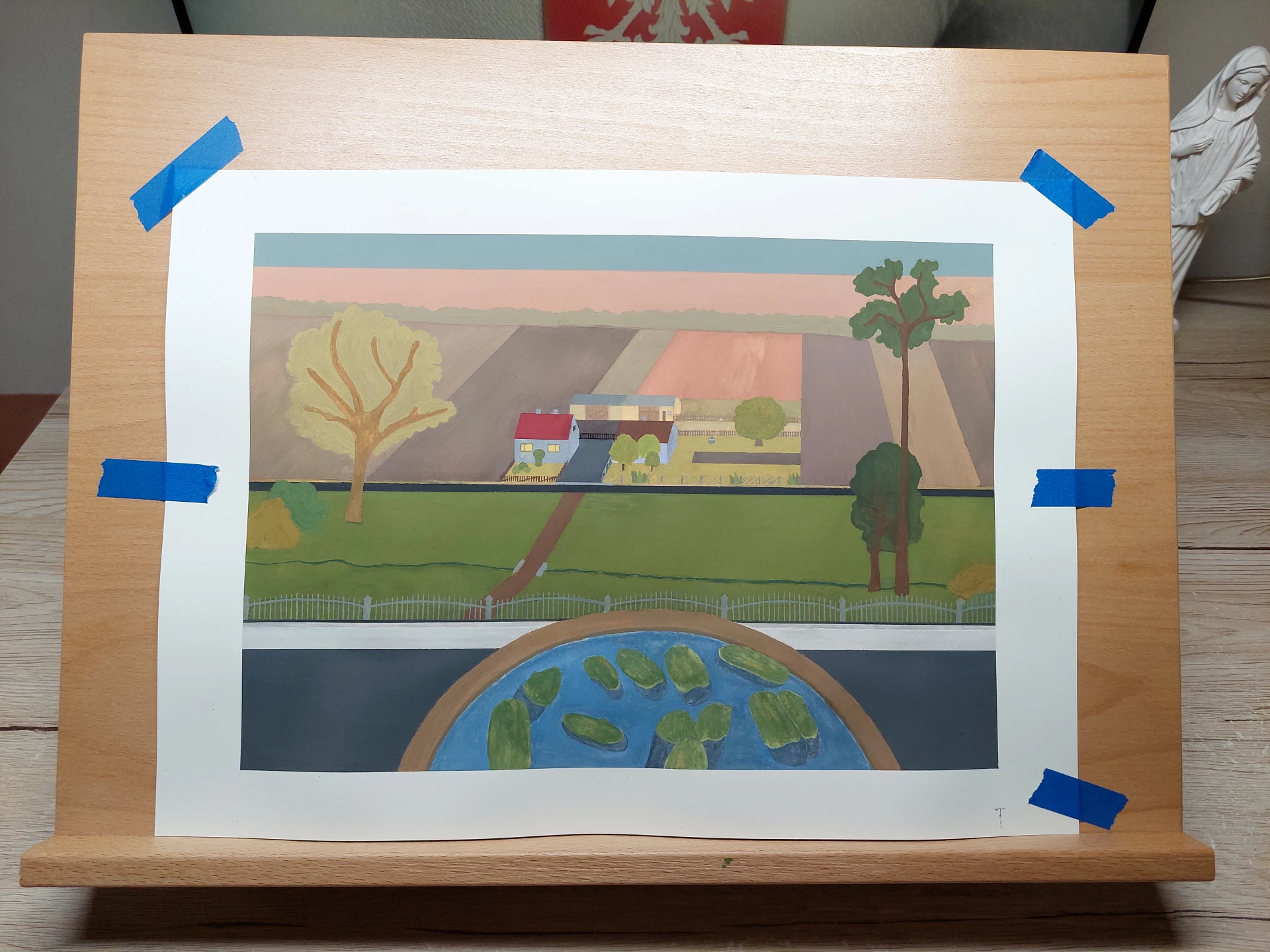 Final painting on the easel with the border tape removed and final touch-ups ready.