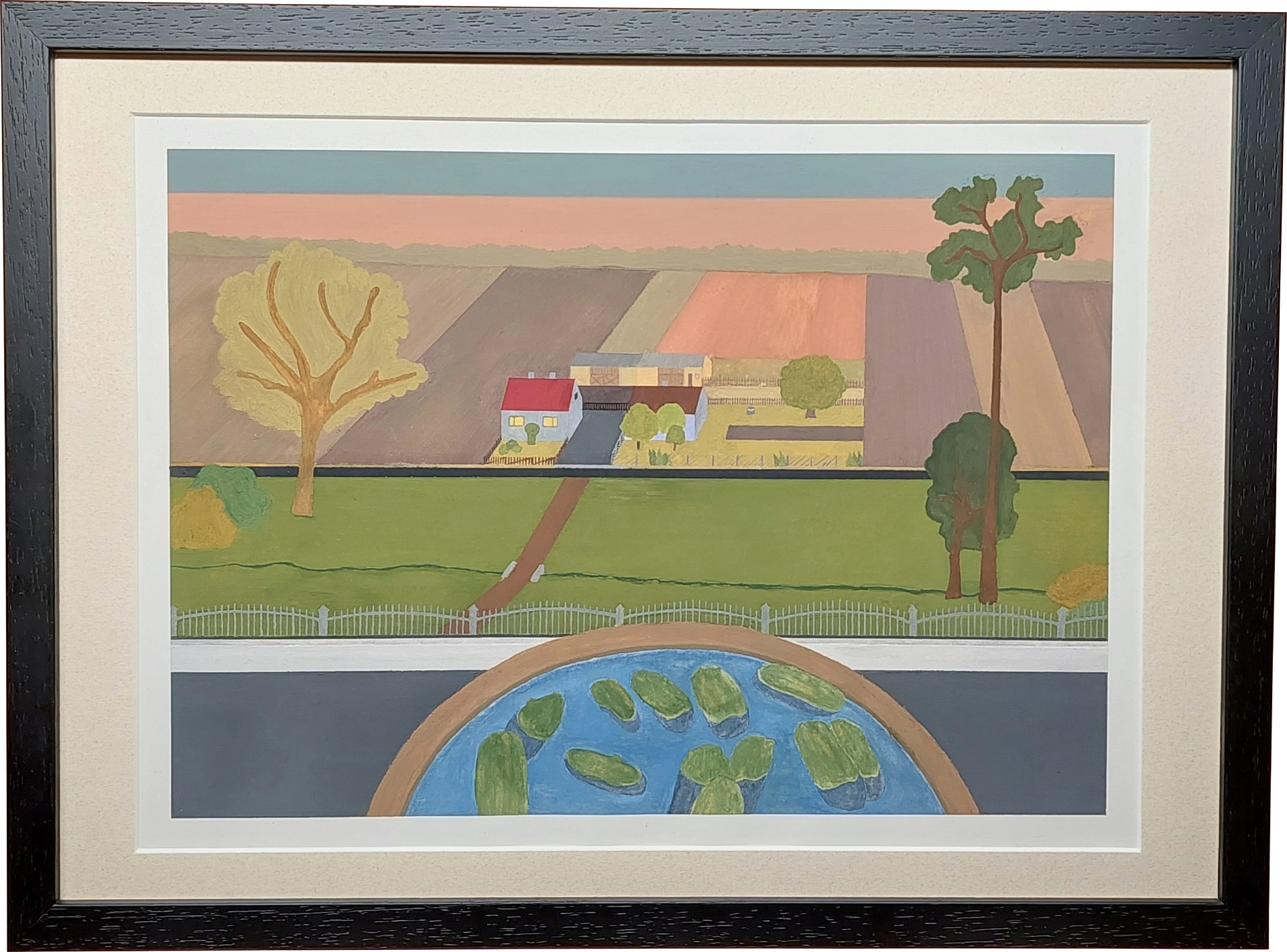 The finished gouache painting of the large farmstead, framed in a custom black frame with a Castilian Ivory passe-partout.