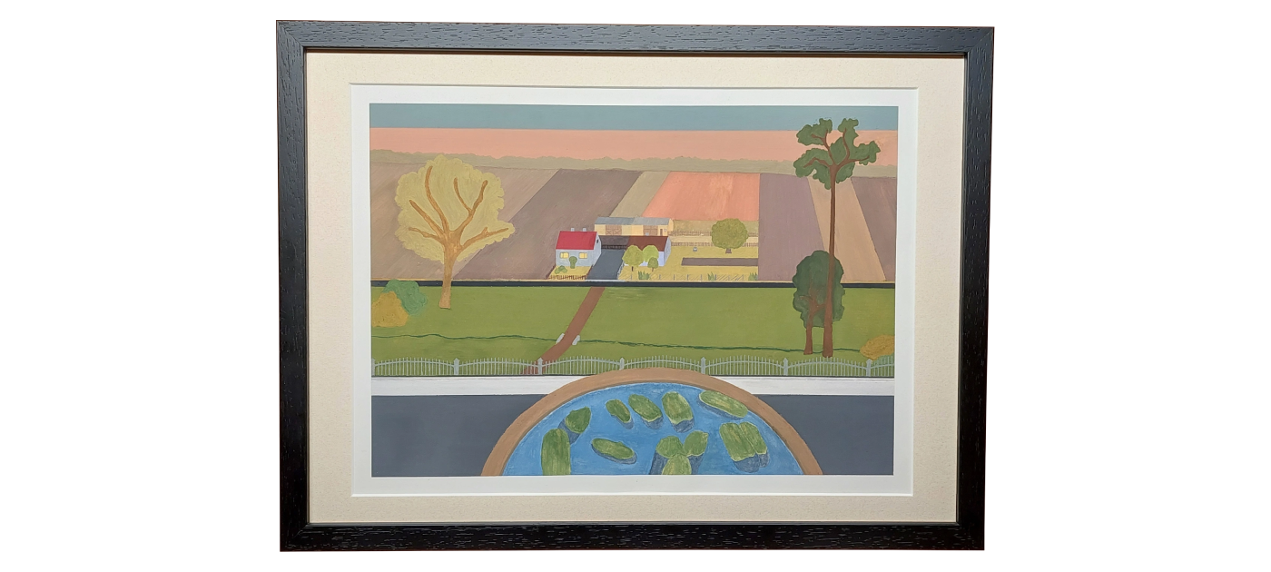 The finished gouache painting of the large farmstead, framed in a custom black frame with a Castilian Ivory passe-partout.